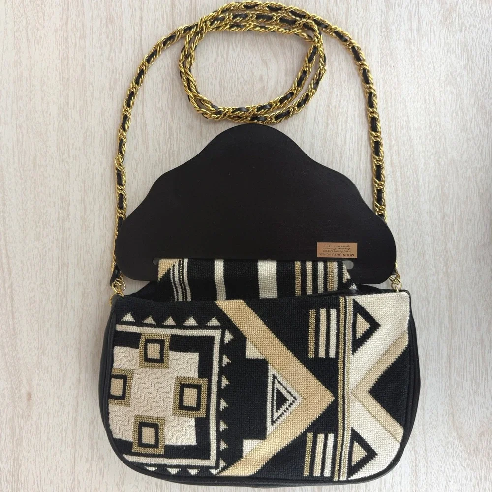 Vintage 80s Patricia Smith Moon Bag|Art Deco Geometric Needlepoint Chain Purse